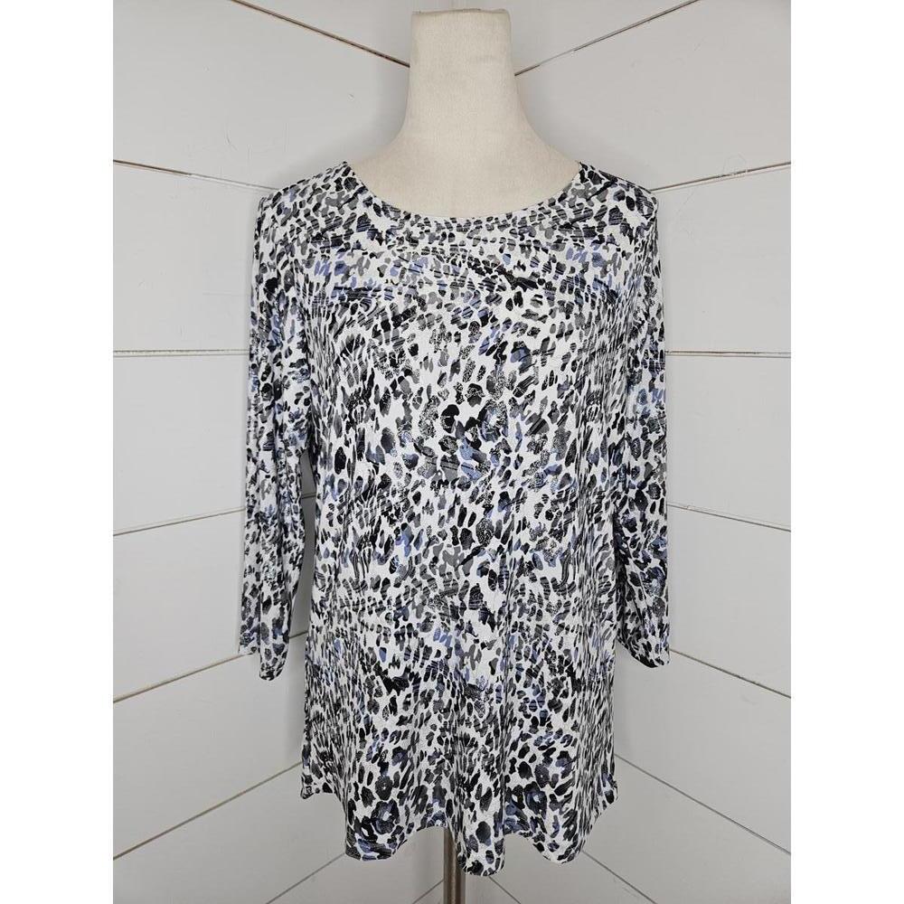Rebecca Malone small grey blue & black with silver accents stretchy blouse
